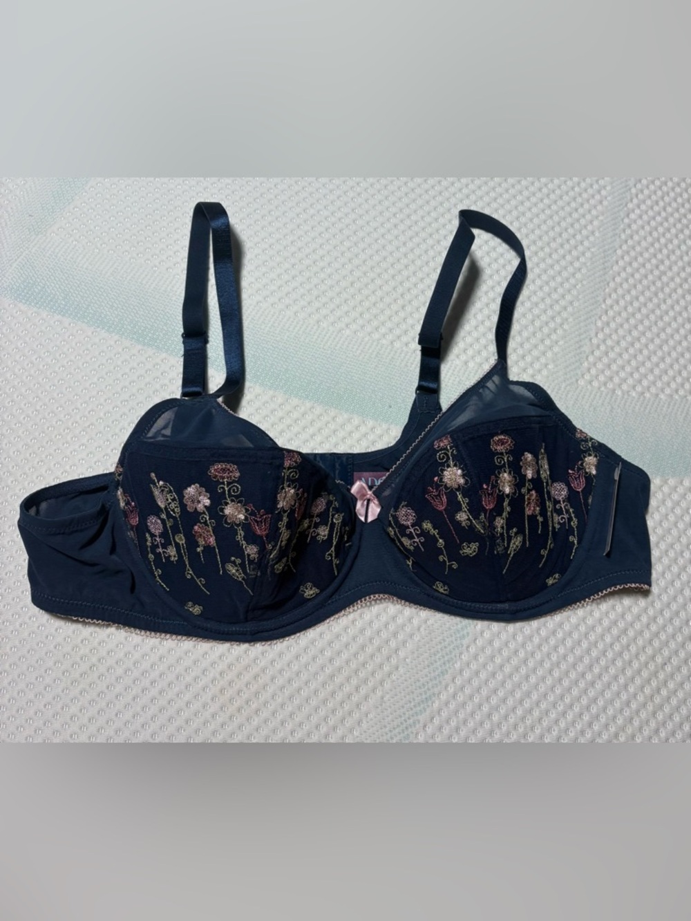Adore Me Navy Embroidered Floral Underwire Bra with Pink Bow